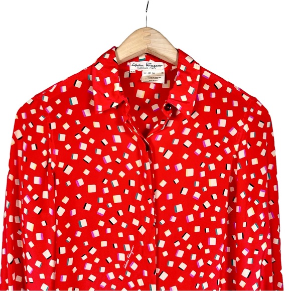 FERRAGAMO Vintage Silk Logo Printed Long Sleeve Button Down Top - Picture 3 of 13